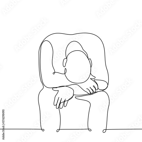 man sitting with head down - one line drawing vector. concept grieve, suffer, cry