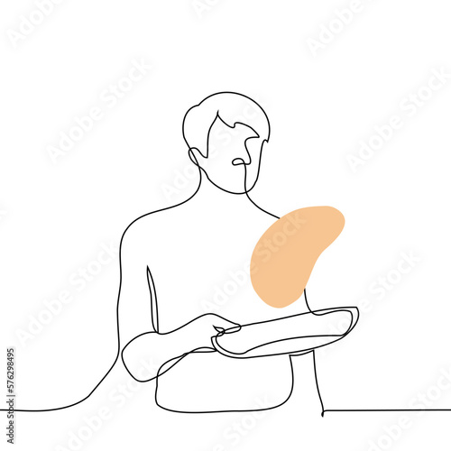 man tossing a pancake or round dough in a frying pan - one line drawing vector. concept cooking chef