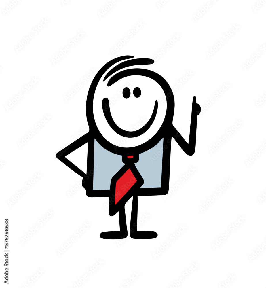 Hand drawn stickman in business suit points his finger up and draws attention to important information. Hand drawn stickman in business suit points his finger up and draws attention to important information.