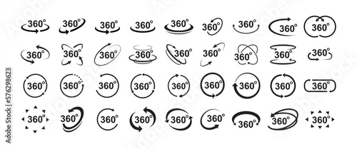 360 degree views of vector circle icons set isolated from the background. Signs with arrows to indicate the rotation or panoramas to 360 degrees. Vector illustration 10 eps.