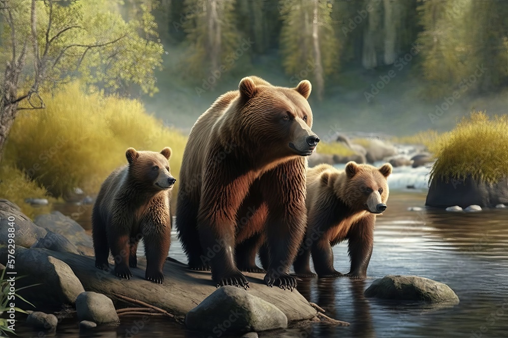 Grizzly bears in the river. Wildlife scene from nature. Generative AI