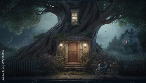 Halloween scene with old wooden door, tree. Generative AI