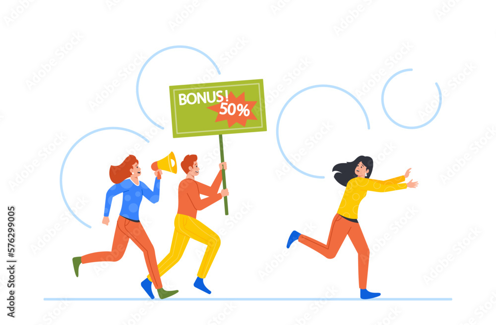 Intrusive Sellers Characters with Announcement Promotional Banners Chase Buyer. Promoters Share Social Spam Intrusive Sellers Characters with Announcement Promotional Banners Chase Buyer. Promoters Share Social Spam