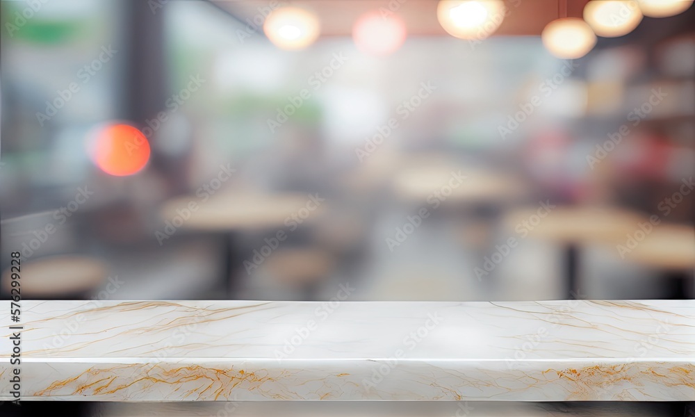 Marble countertop with a blurred background of the interior of the kitchen cafe restaurant, generative AI Marble countertop with a blurred background of the interior of the kitchen cafe restaurant, generative AI