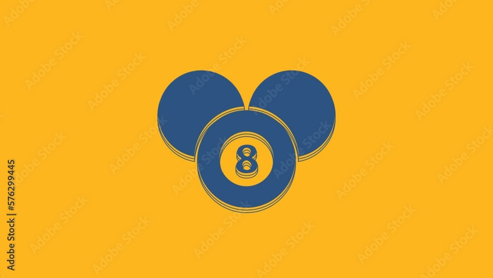 Blue Billiard pool snooker 8 ball icon isolated on orange background. Billiard eight ball. 4K Video motion graphic animation Blue Billiard pool snooker 8 ball icon isolated on orange background. Billiard eight ball. 4K Video motion graphic animation