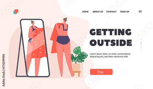 Young Girl Getting Outside Landing Page Template. Female Character Trying on Clothes. Woman in Linen with Dress in Hands