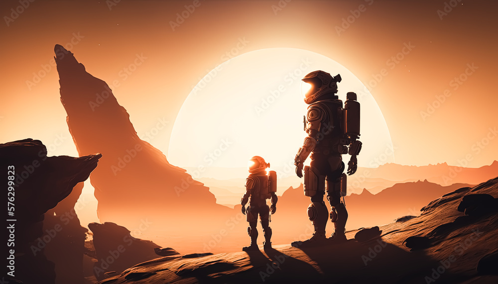 Generative AI illustration of a Creative Art of Two Astronauts on a Alien Planet at Sunset