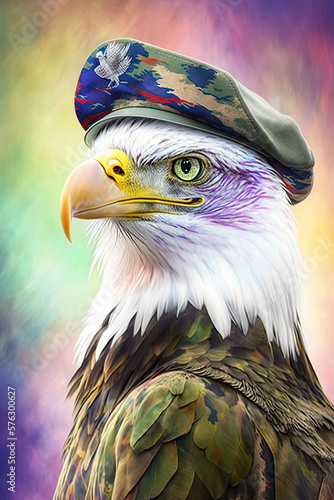Bald Eagle wearing Beret  Psychedelic Illustration. Generative AI