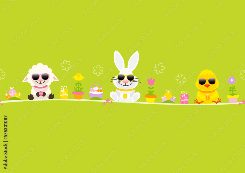 Fototapeta premium Schaf, Weißer Osterhase & Küken Sonnenbrille Icons Karte Grün