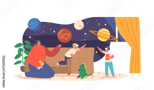 Mother And Children Wearing Vr Headsets Study Space And Solar System Planets In Home Setting Using Artificial Technology