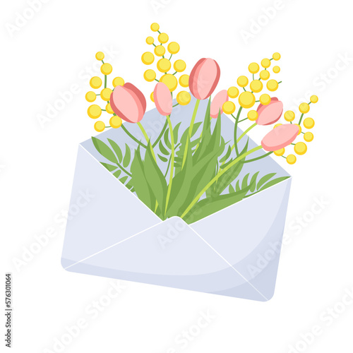 Spring illustration with flowers in an envelope. Tulips and mimosa. Flat style.
