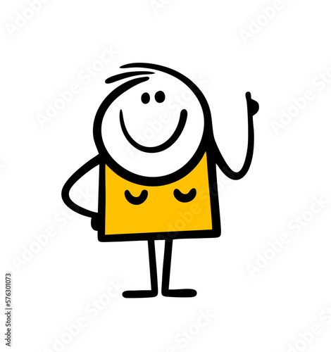 Funny cartoon female stickman with rising up hand and pointing finger.