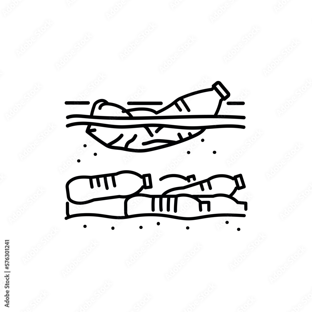 Plastic pollution in ocean black line icon. Ocean pollution.