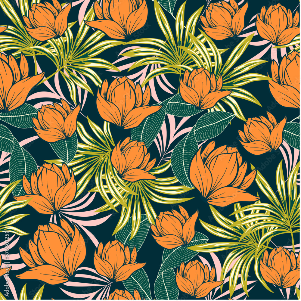 Exotic seamless tropical pattern with bright plants and leaves on a blue background. Summer colorful hawaiian seamless pattern with tropical plants. Trendy summer Hawaii print. 