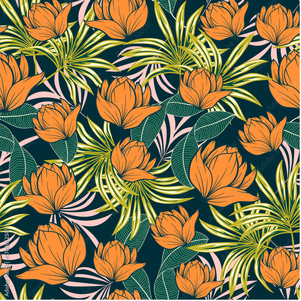 Exotic seamless tropical pattern with bright plants and leaves on a blue background. Summer colorful hawaiian seamless pattern with tropical plants. Trendy summer Hawaii print. Exotic seamless tropical pattern with bright plants and leaves on a blue background. Summer colorful hawaiian seamless pattern with tropical plants. Trendy summer Hawaii print.