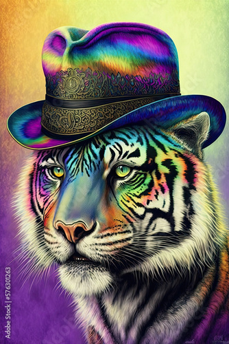 Bengal Tiger wearing Cowboy hat, Psychedelic Illustration. Generative AI
