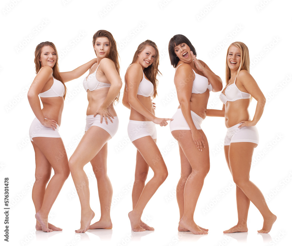 Her confidence is all natural. A group of women with different body shapes  standing together in their underwear while isolated on white. Photos