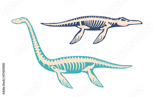 Elasmosaurus And Mosasaurus Dinosaur Skeleton Bones Fossils. Isolated Plesiosaur Of Late Cretaceous Period, Underwater