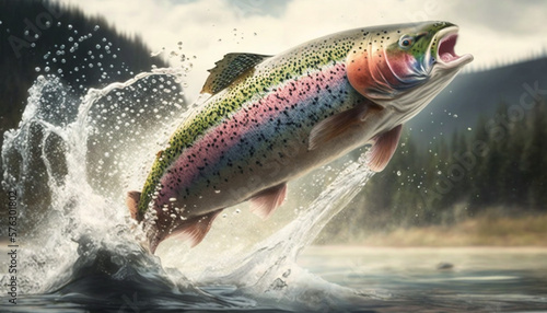 Jumping Rainbow Trout in the Freshwater Stream , generated by IA 