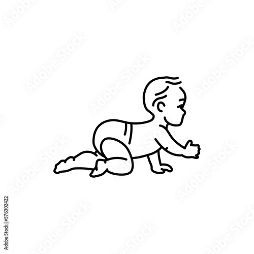The baby is crawling black line icon. Toddler development.