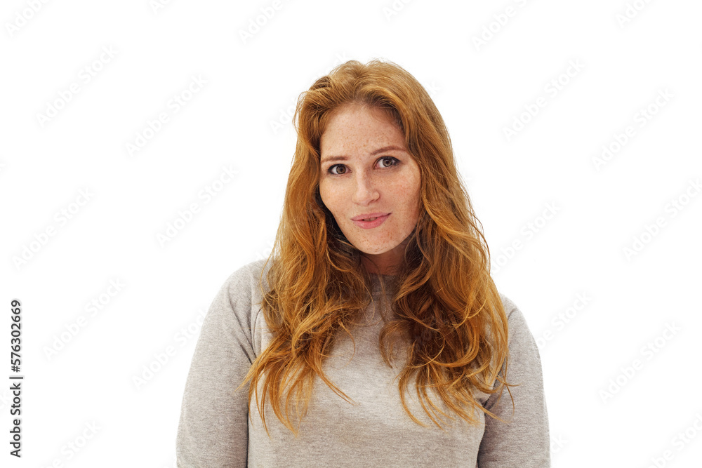 Attractive redhead woman with long healthy ginger hair isolated on white background Attractive redhead woman with long healthy ginger hair isolated on white background