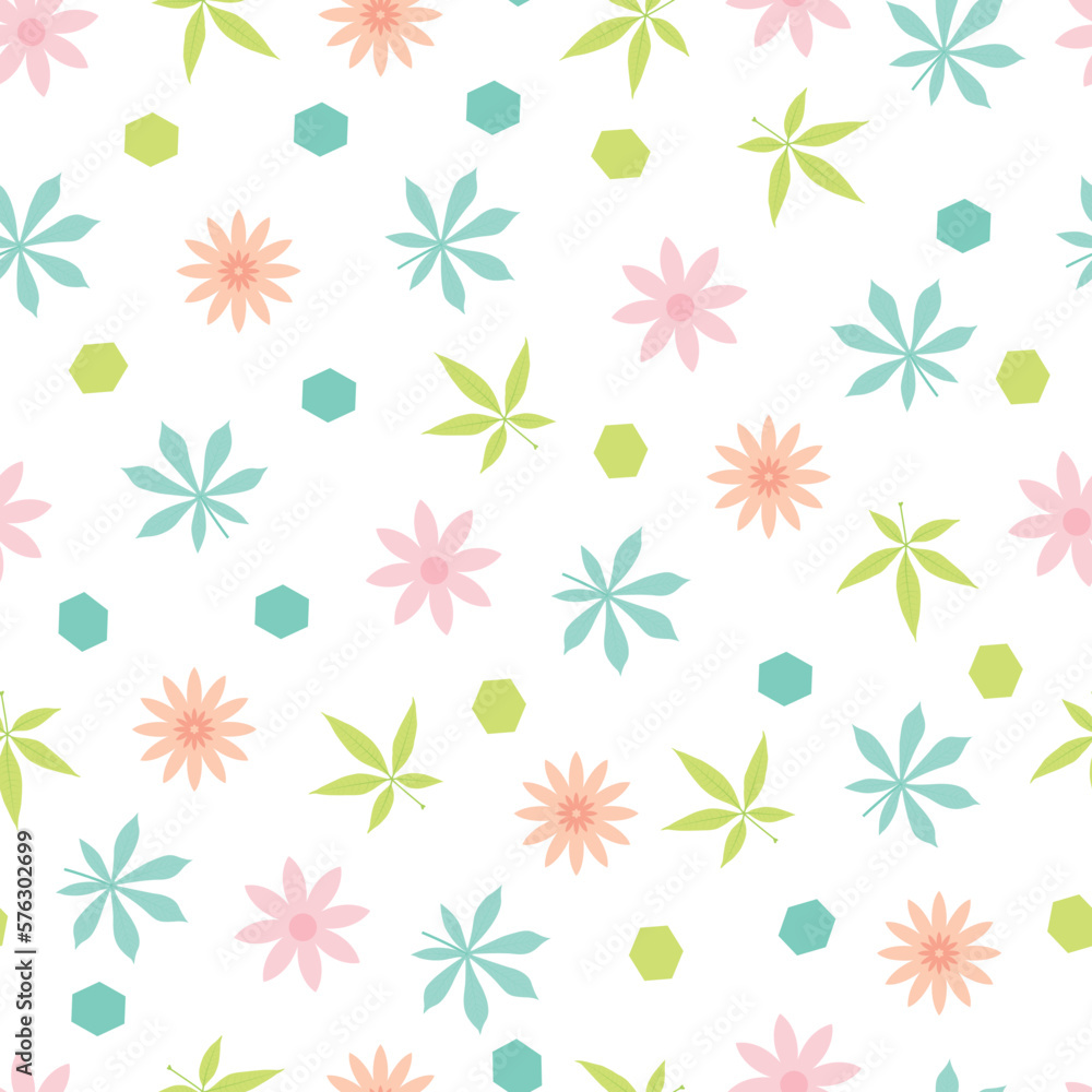 Aesthetic floral seamless pattern. Allover surface pattern of scandi flowers and cassava and chestnut leaves and hexagonal shapes Aesthetic floral seamless pattern. Allover surface pattern of scandi flowers and cassava and chestnut leaves and hexagonal shapes