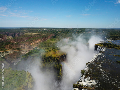 Victoria Falls at the Border of Zimbabwe and Zambia in Africa. The Great Victoria Falls One of the Most Beautiful Wonders of the World. Unesco World Heritage. Aerial Shot From Above.