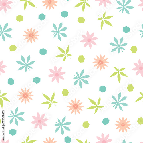Aesthetic floral seamless pattern. Allover surface pattern of scandi flowers and cassava and chestnut leaves and hexagonal shapes