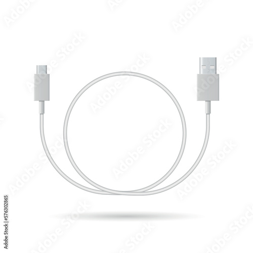 USB Micro cable isolated on white background realistic vector illustration.