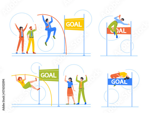 Business Characters Jumping over the Hurdle with Pole in Hands. Business Man or Woman Fight for Leadership
