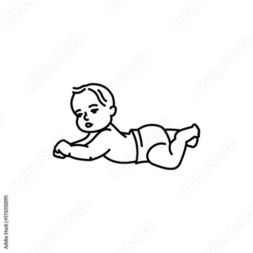The child lies on his stomach black line icon. Toddler development.