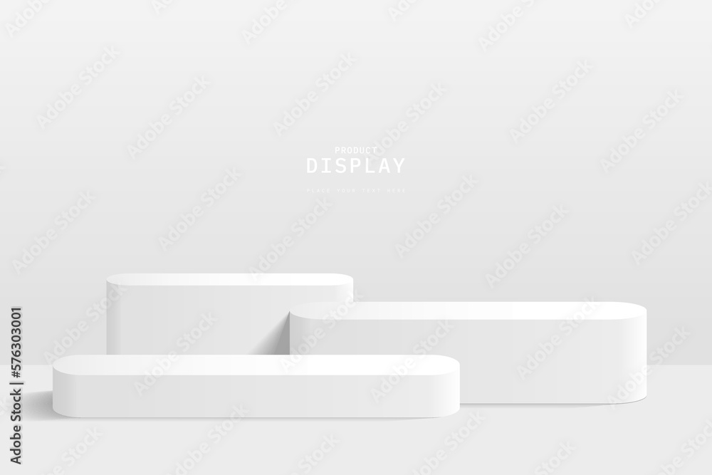 Clean white 3d room with set of round podium or stand for product display. podium scene for product display or mockup. stage for showcase. 3d Vector rendering. design for advertise or promote product. - obrazy, fototapety, plakaty 