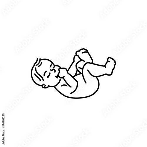 The child lies on his back black line icon. Toddler development.