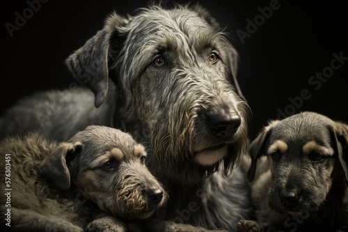 Adult Irish wolfhound dog with puppies against dark background. Generative AI © Elisabeth Cölfen