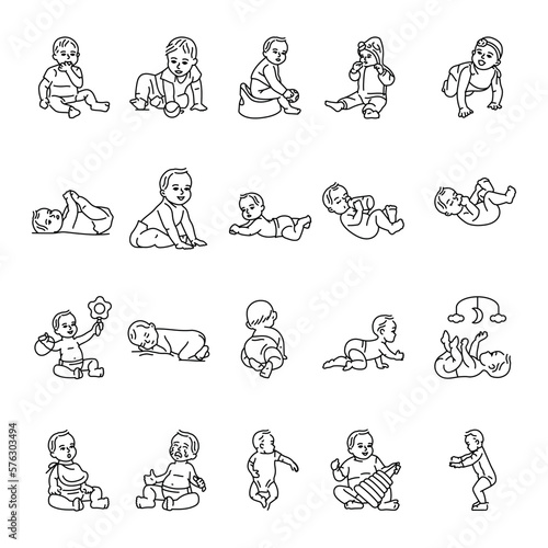 Early childhood black line icons set. Toddler development