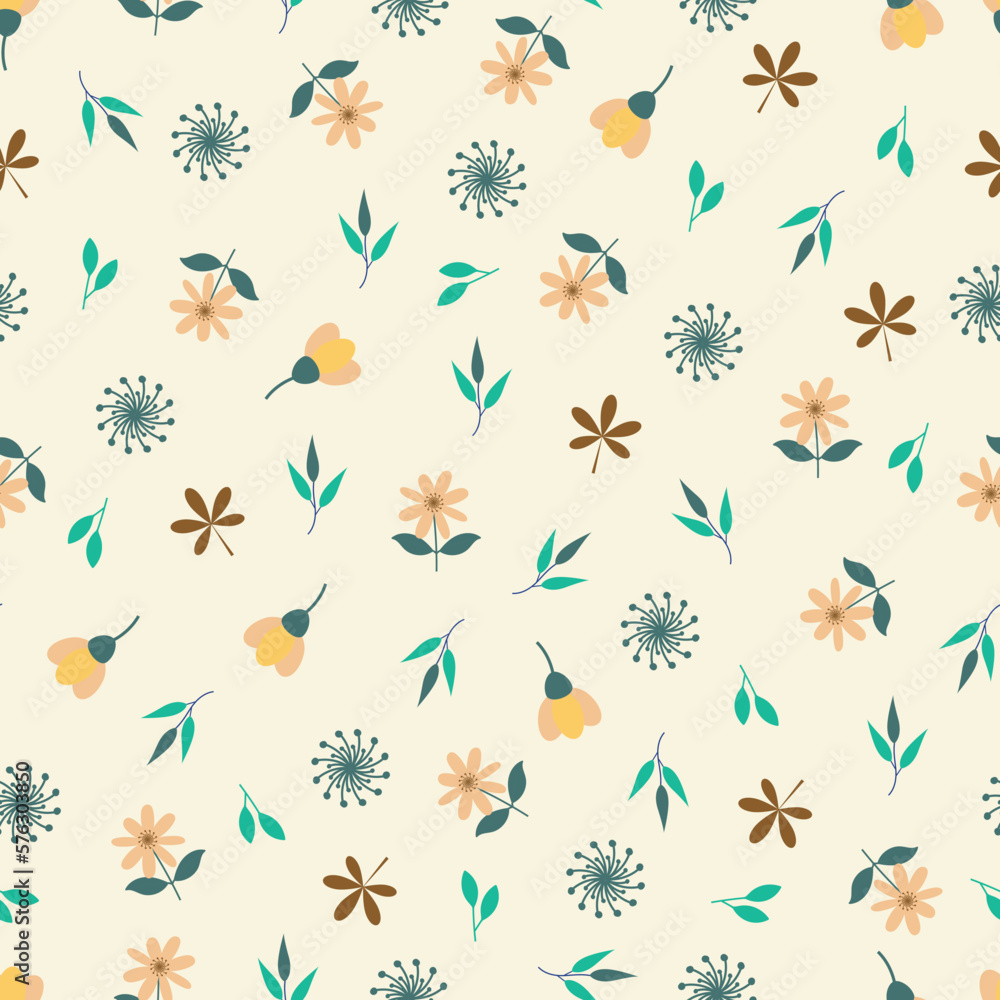 Dainty floral seamless pattern of scandi flowers and leaves. Whimsical flowery arrangement. Aesthetic repeating texture background