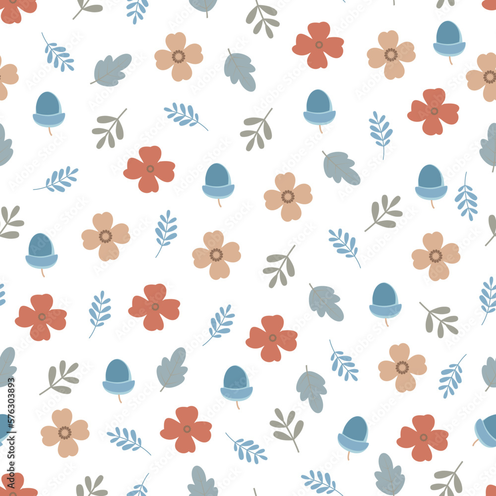 Fototapeta premium Dainty floral seamless pattern. Surface pattern of scandi flowers, leaves and acorns. Exquisite repeat textured background