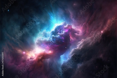 A cosmic luminous nebula background. Beauty of endless cosmos. Science fiction art. Generative AI illustration.