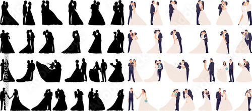 Foto flat style bride and groom big set isolated, vector