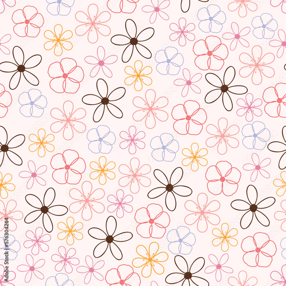 Exquisite floral seamless surface pattern of flowers outlines. Aesthetic flower arrangement. Tileable foliage texture background