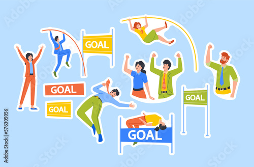 Set of Stickers Business Characters Jump over the Hurdle Isolated Patches. Business Man or Woman Fight for Leadership