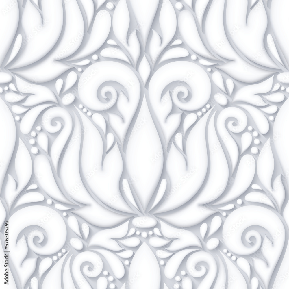 Floral Vintage Seamless Pattern in Paisley Style. Decorative Composition with Natural Motifs. Abstract Ornate Art. Complex Ornament. Vector 3d Illustration