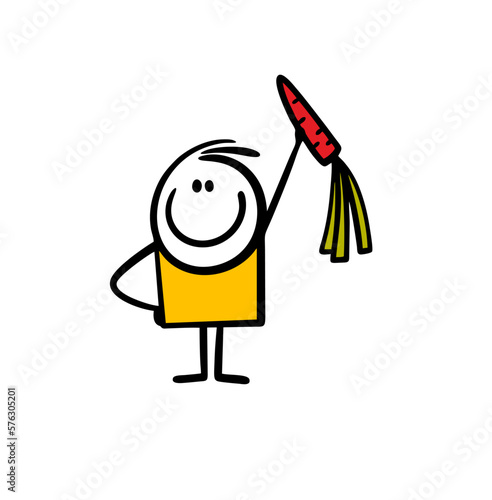 Funny cartoon stickman holds a fresh carrot drom the farm in rising up hand.