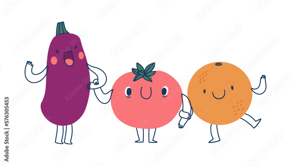 Set of joyful characters standing in a row and holding hands, eggplant, tomato, orange