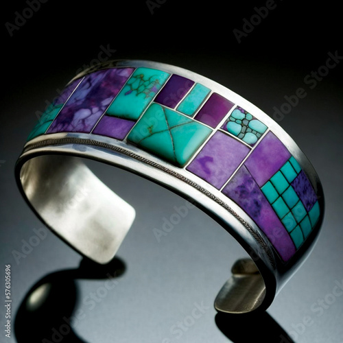 AI Sterling Silver Turquoise Sugilite Cuff Bracelet Jewelry Traditional Native American photo