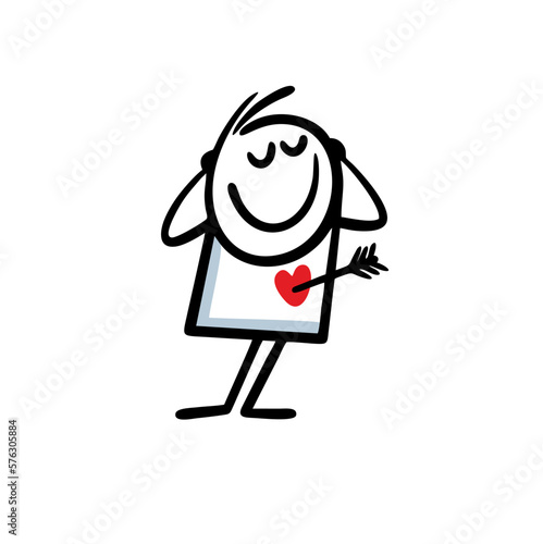 Stick figure man in love with Cupid arrow in his pierced heart has closed eyes and dreaming romantically.