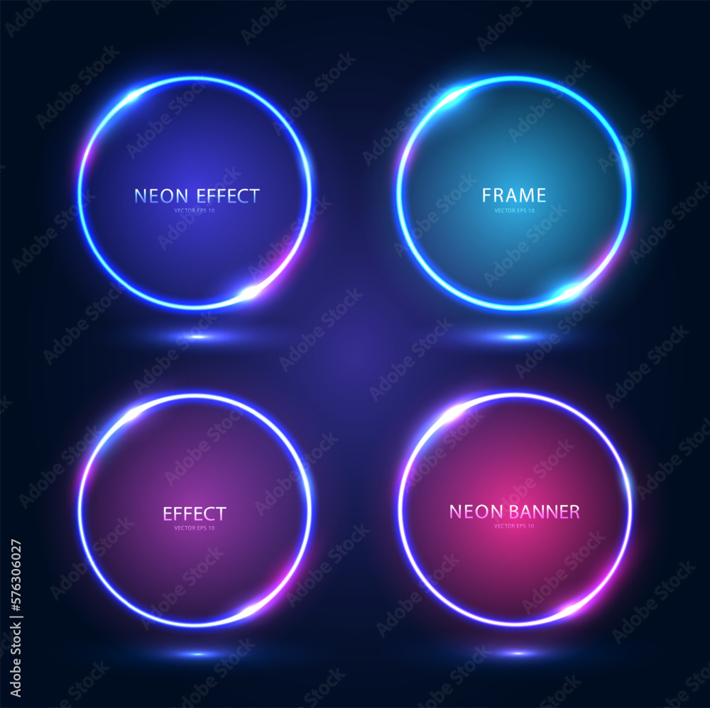 Round neon frames with shining effects on a dark background. A set of four futuristic modern neon glowing banners. Vector illustration. Round neon frames with shining effects on a dark background. A set of four futuristic modern neon glowing banners. Vector illustration.