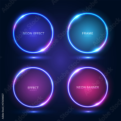 Round neon frames with shining effects on a dark background. A set of four futuristic modern neon glowing banners. Vector illustration.