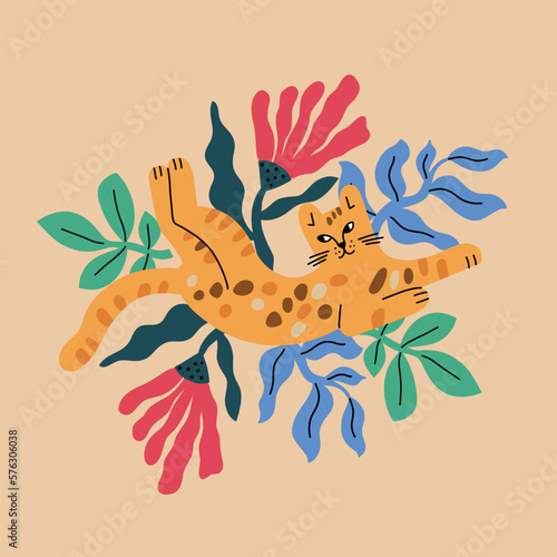 Fashionable, floral print with leopard. Vector vibrant illustration in a flat...