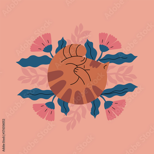 Fashionable print with a sleeping cat. Vector vibrant illustration in a flat ...